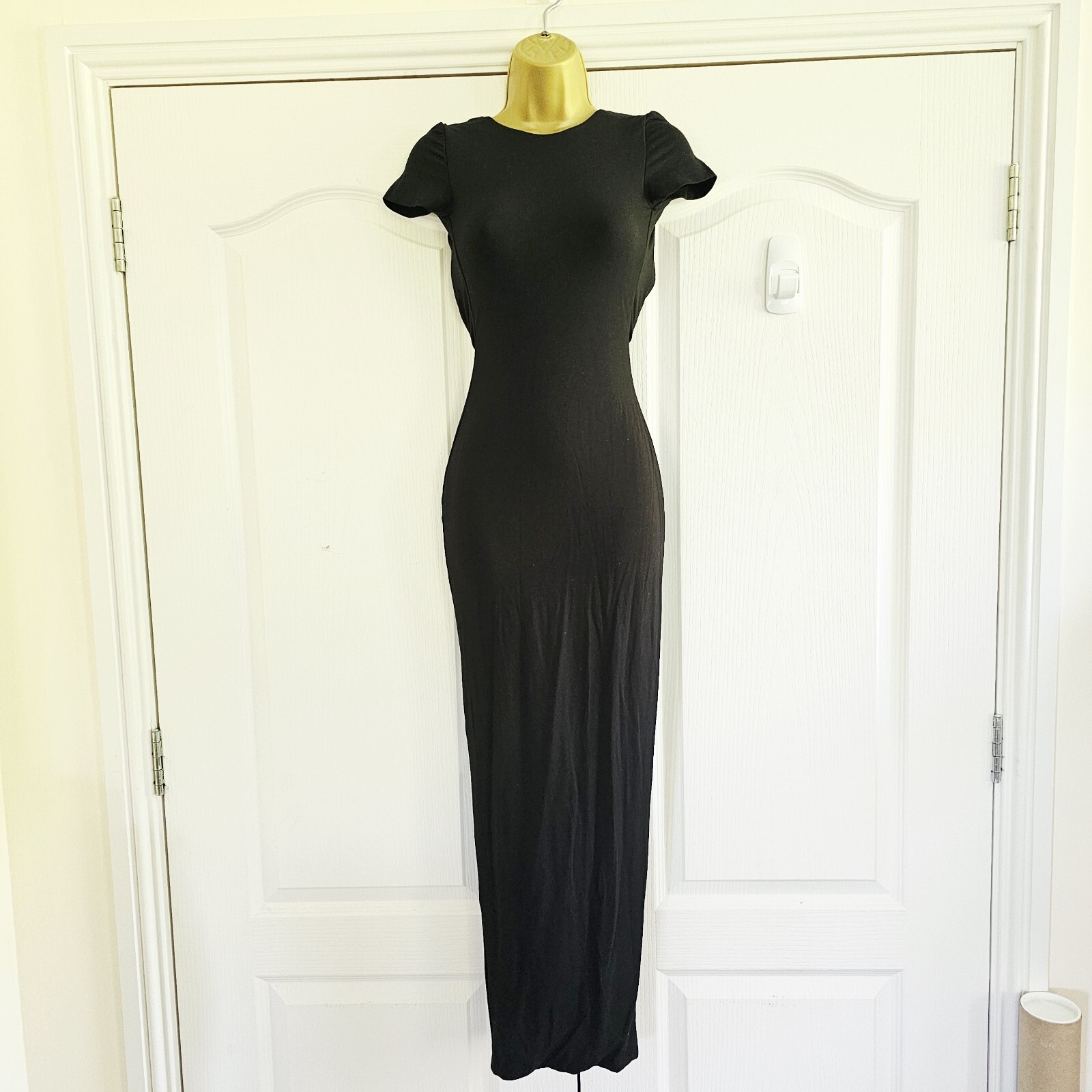 Oh Polly Backless Maxi Dress Size UK 6 Black Back Slit Stretch New with tags