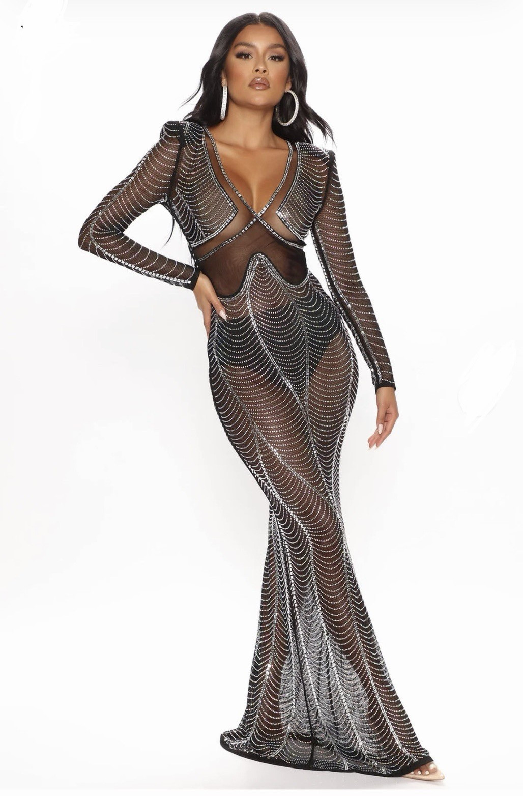 Women’s Sheer Rhinestone Mesh V-Neck Long Sleeve Bodycon Gown Black/Silver