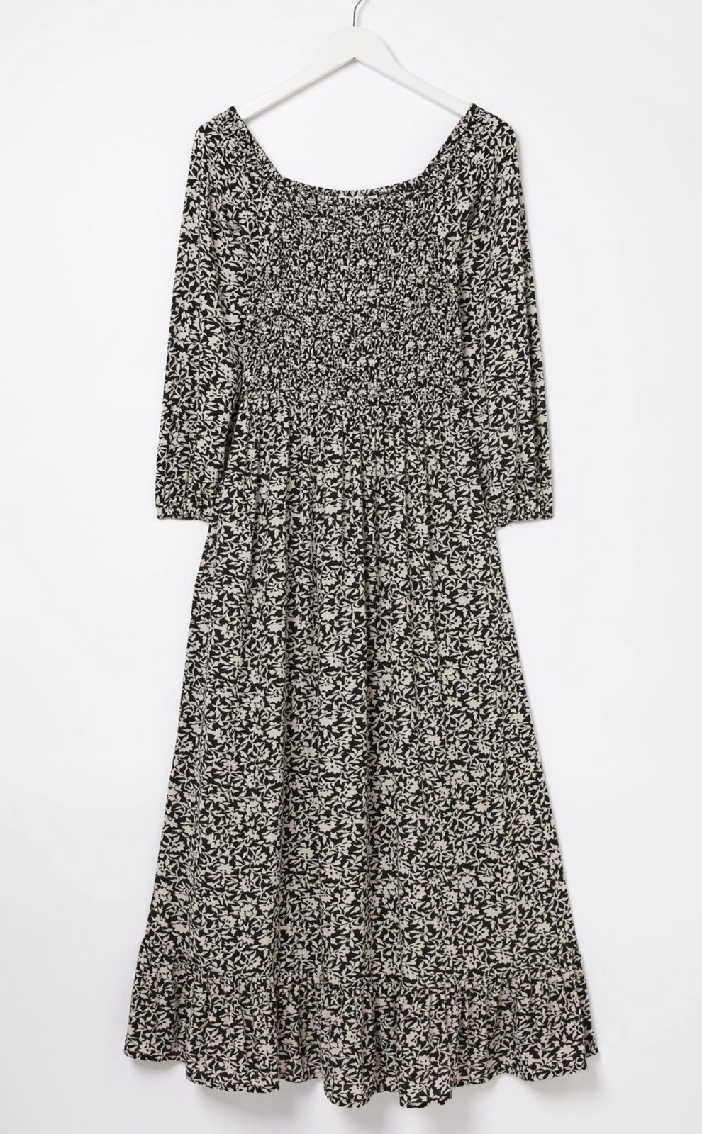 Fat Face Adele Black White Vines Print Midi Dress Shirred Bust Sleeve Size 24 R