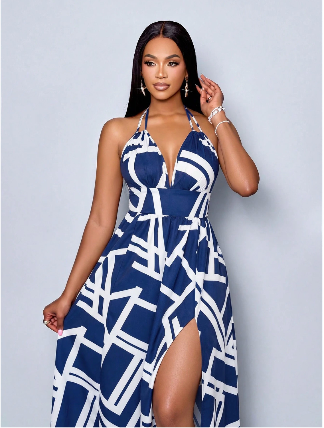 Women’s Blue and White Halter Backless Beaded Maxi Dress S/M/L