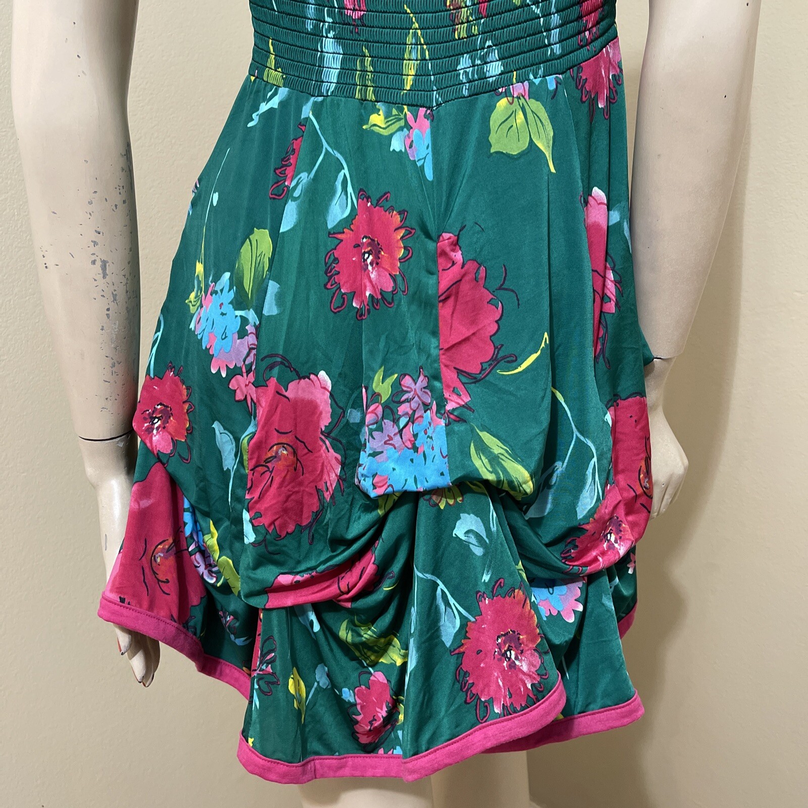 Women’s Green Floral Bright Polyester Casual Stretch Open Tie Size L Sundress