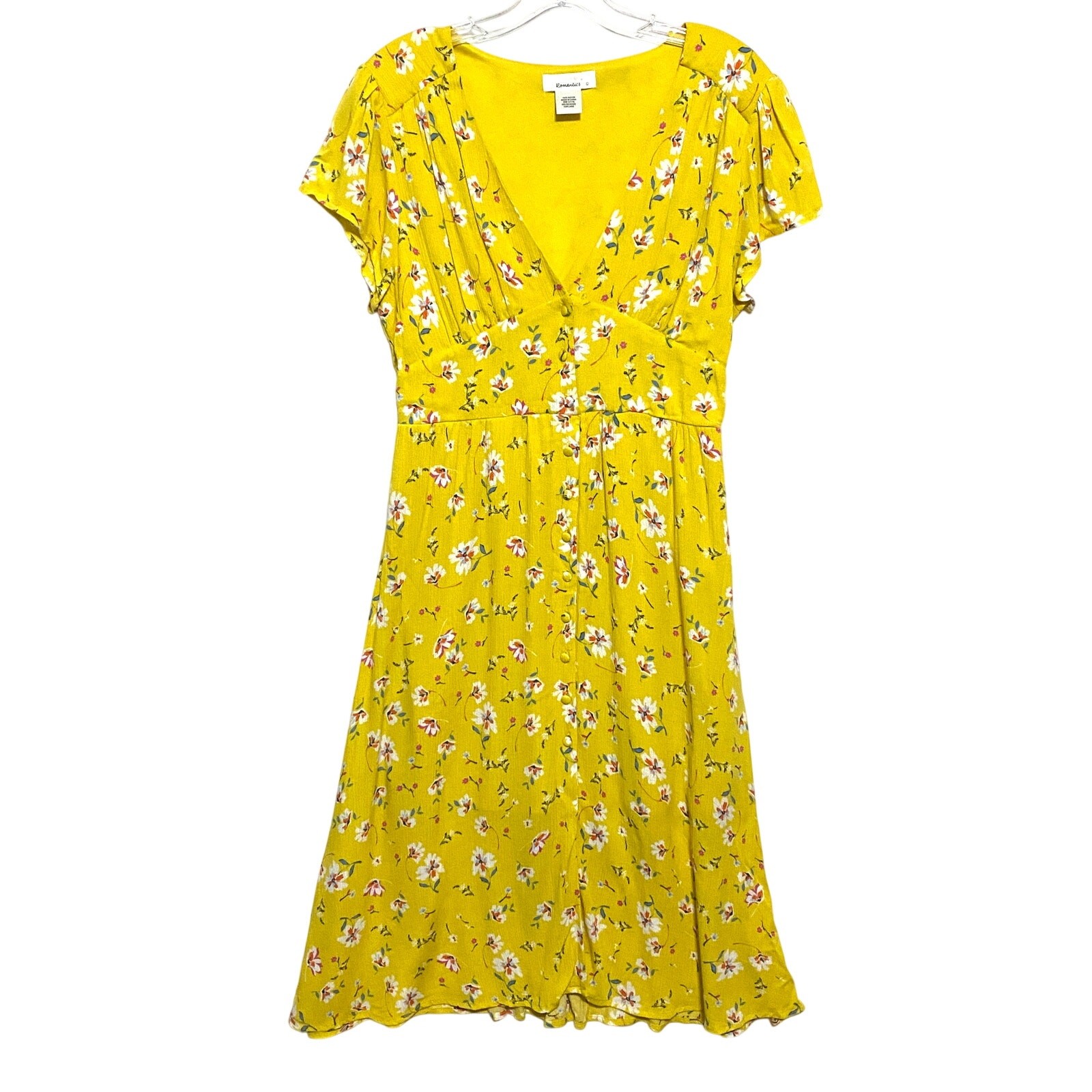 Urban Romantics Yellow Floral V Neck Midi Dress L Empire Waist Cottage Prairie