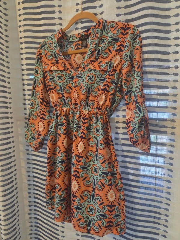 Geometric Paisley Pink/Blue Print 3/4 Sleeve Elastic Waist Midi Summer Dress S