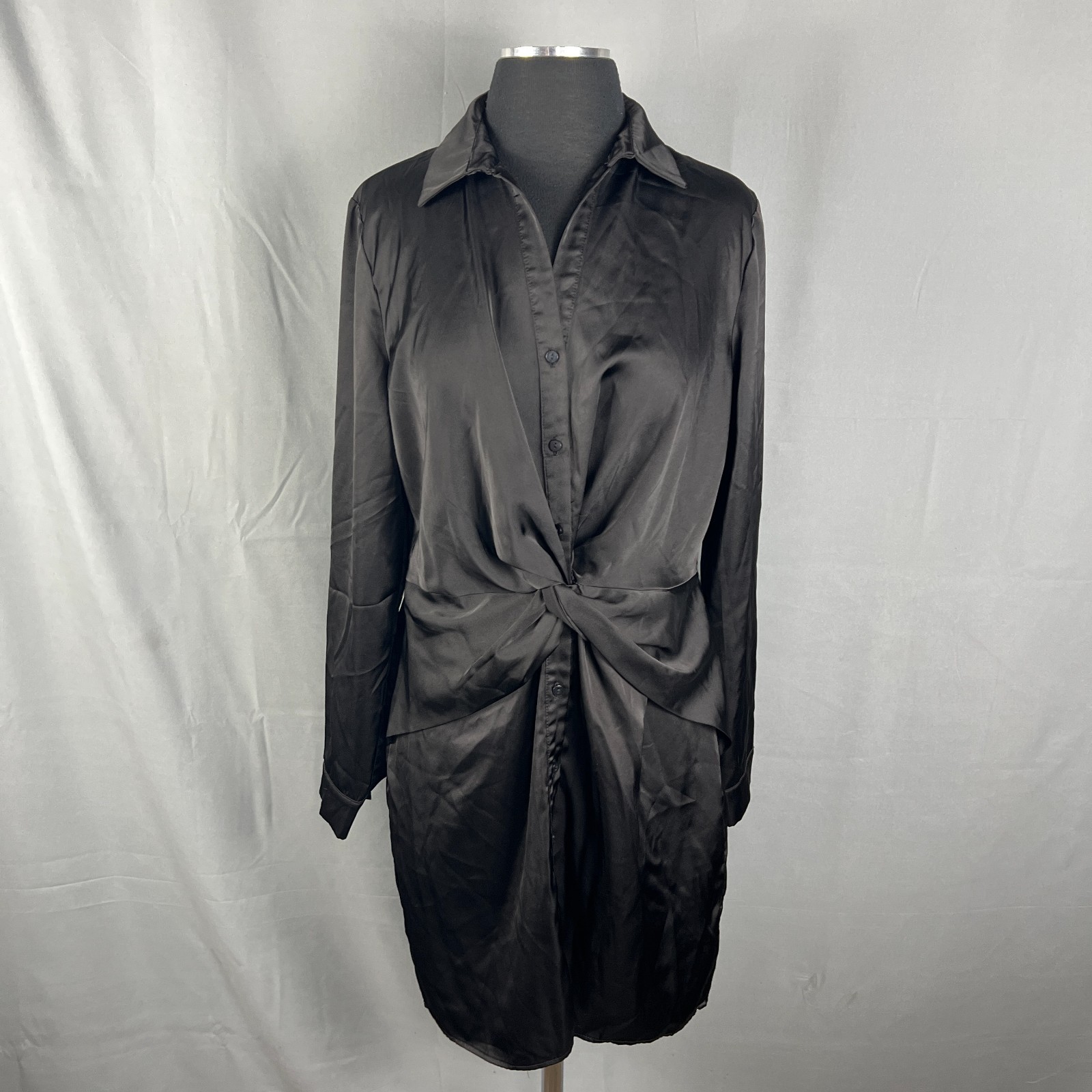 And Now This Shirt Dress Womens Medium Black Stretch Satin Twist Front Collared