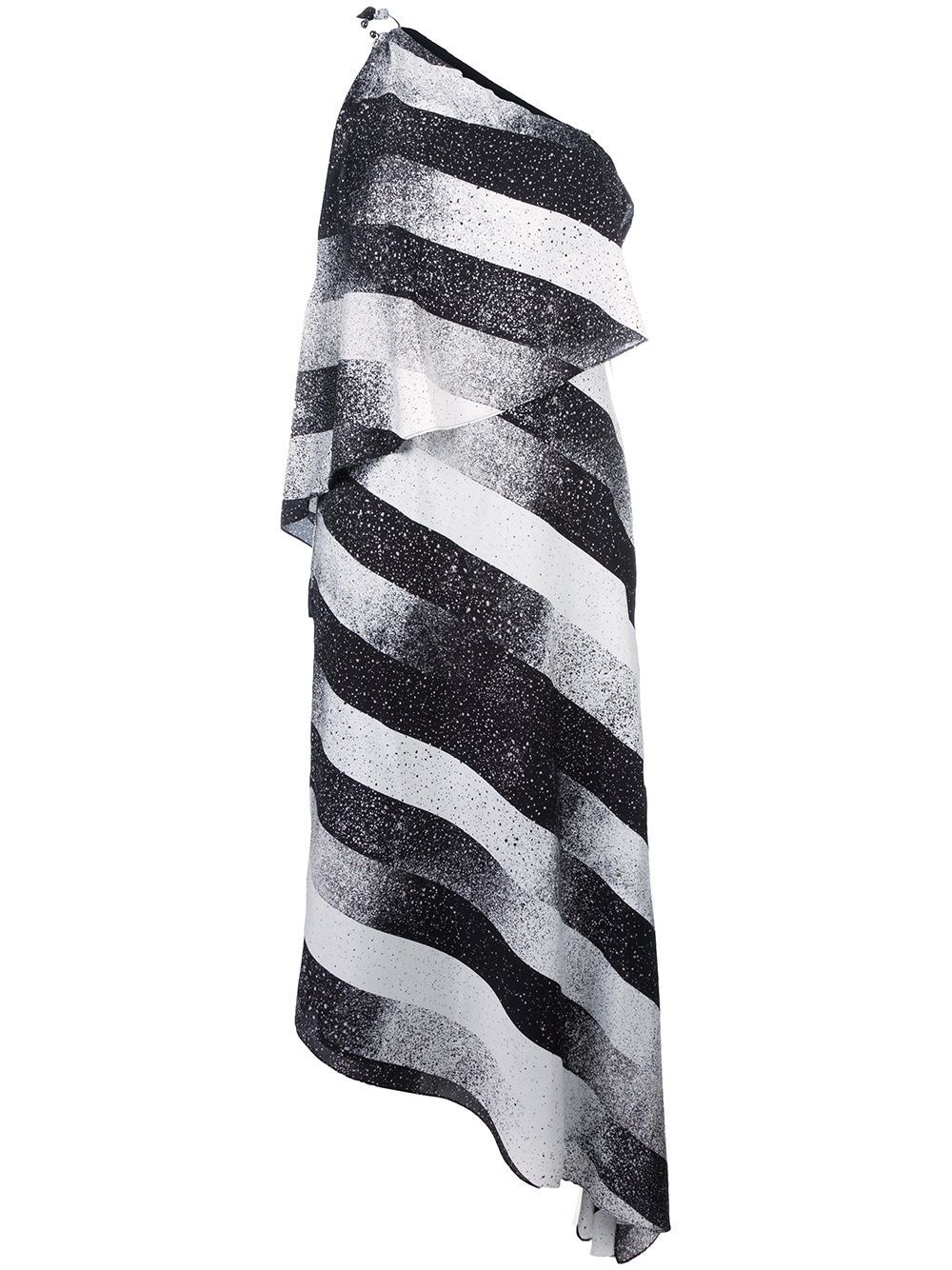 HALSTON HERITAGE Black White Stripe Print One Off Shoulder Cocktail Dress 0 = XS