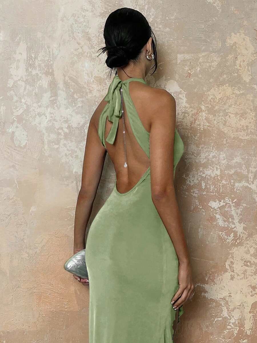 Elegant Halter Maxi Dress Backless Ruffle Bodycon Split Thigh Party Gown