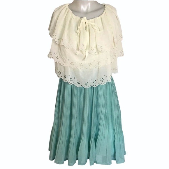 Super Cute! PALE YELLOW & BLUE RUFFLE PLEATED DRESS