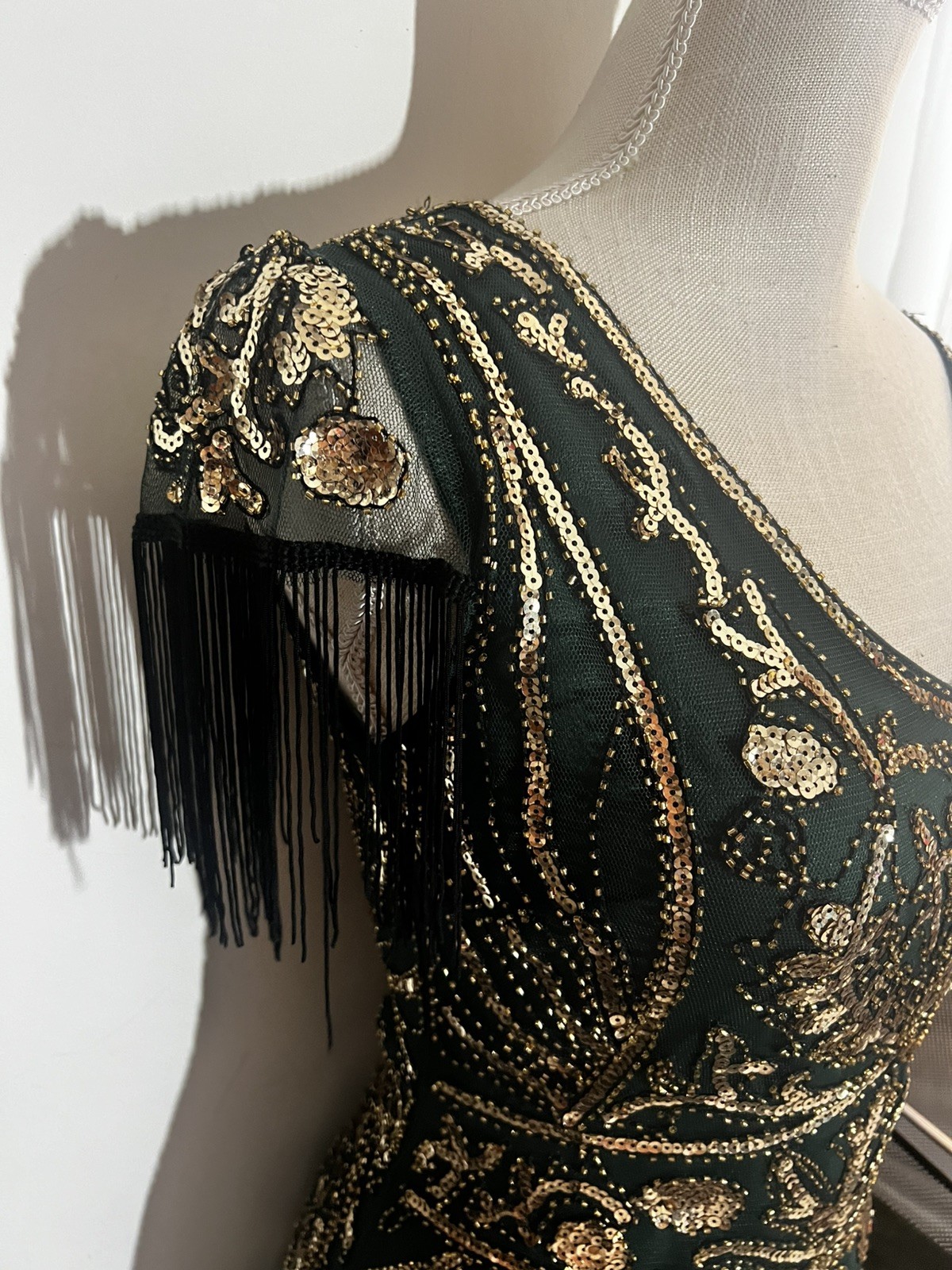 Emerald Green Sequin Flapper Art Deco Dress Green Black Gatsby 1920s Party Sz M