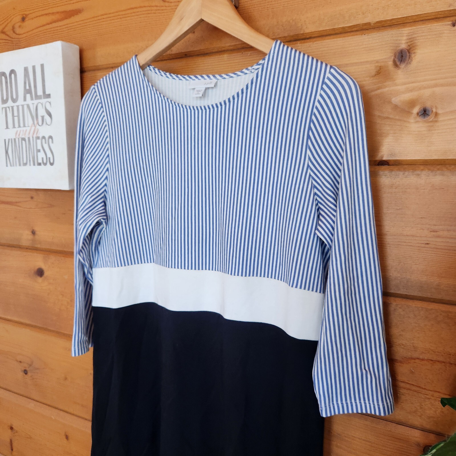 J JILL Stripe Color Block Tunic Dress Shift Blue White Black Stretch Petite Sz S