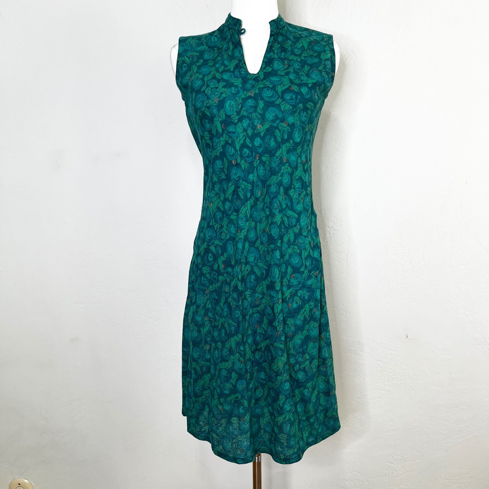 Anokhi Tunic Dress Cotton Sleeveless Green Floral Print Keyhole Neck Size Small
