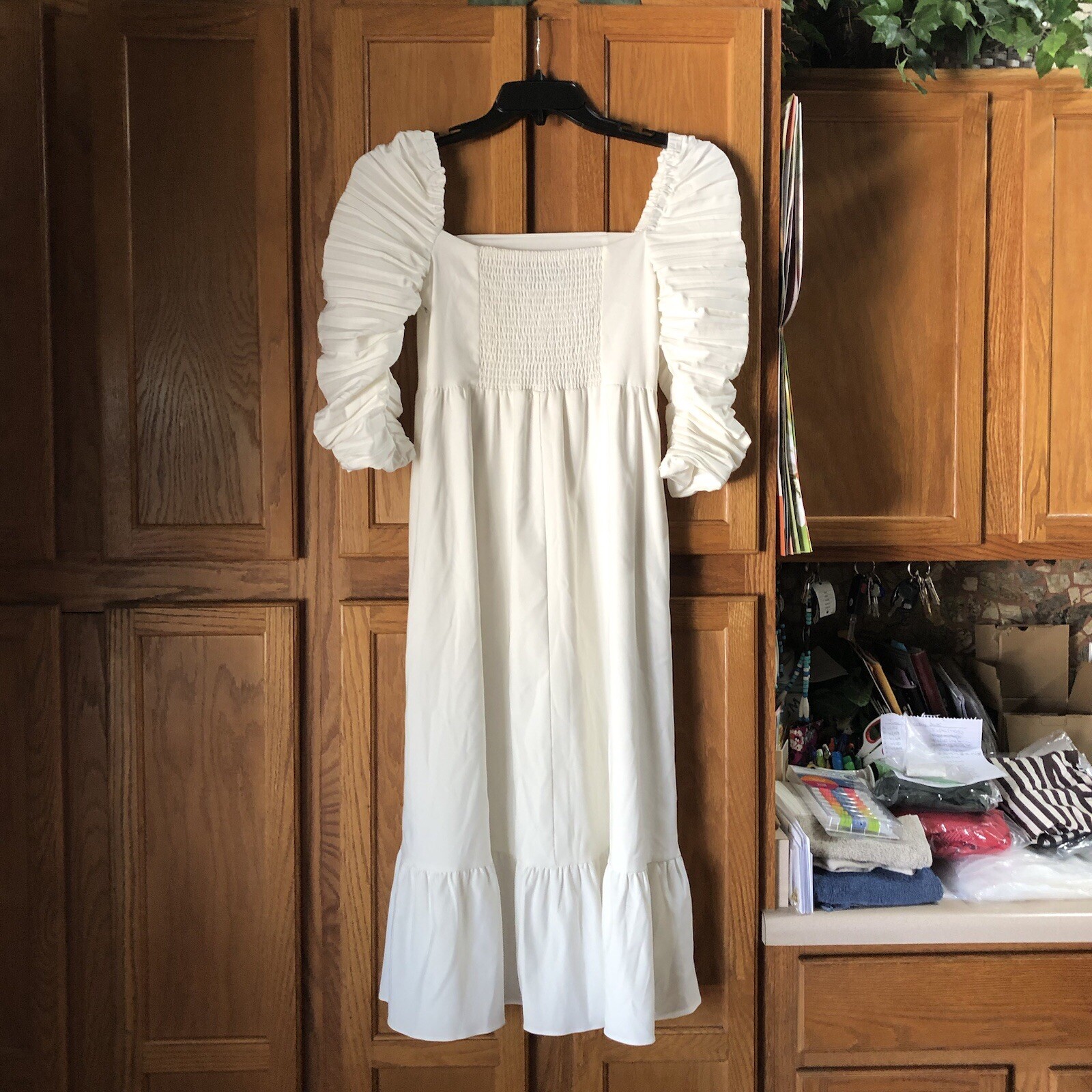 OPT Cottagecore Square Neck Smocked Milkmaid A-Line Midi Dress White Small