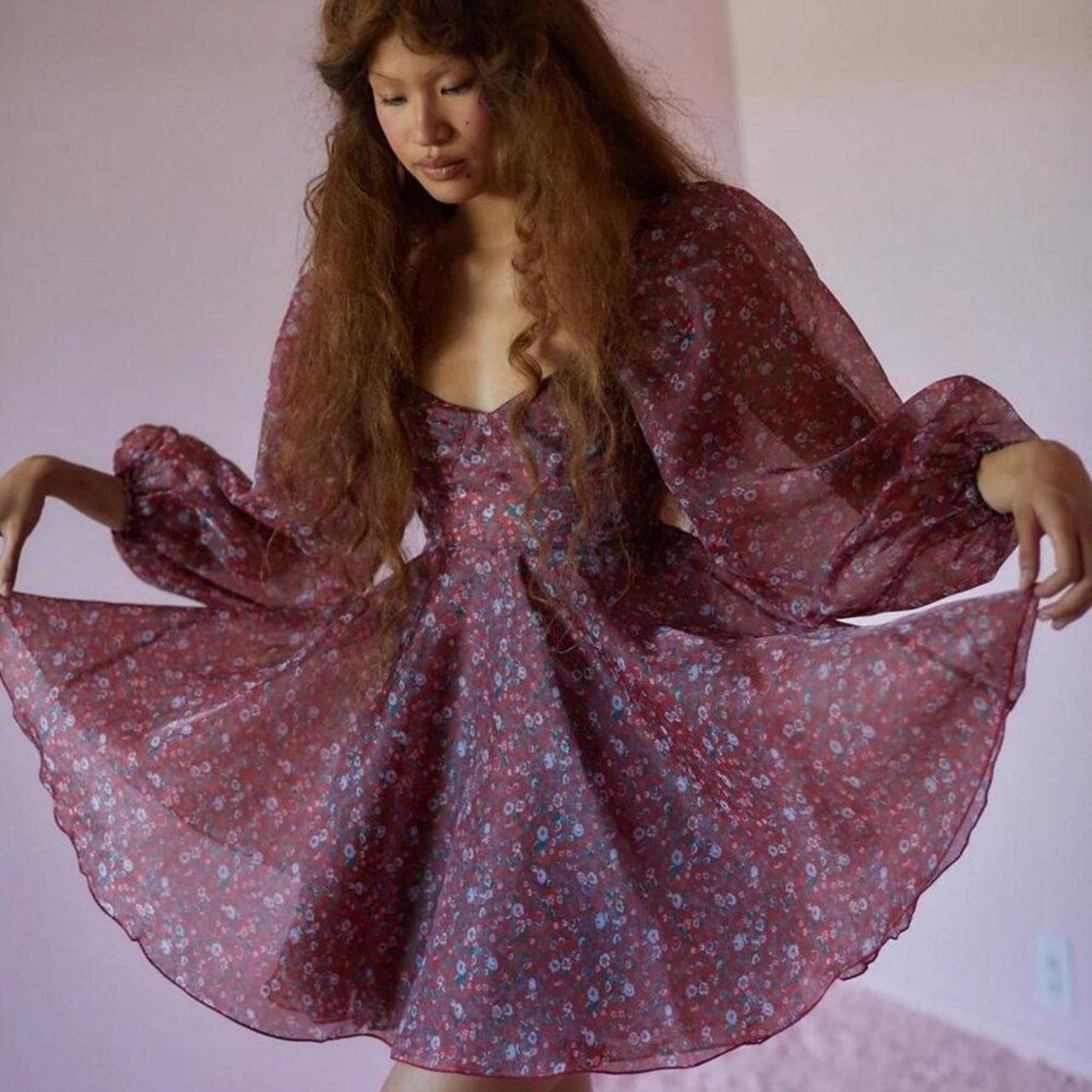 Selkie Princess Crimson Darling Red Floral Puff Sleeve Organza Mini Dress Size S