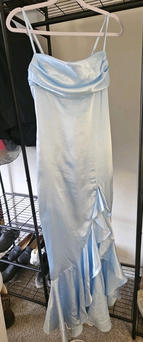 Galina Signature Blue Satin Cowl Neck Lace-Up Back Long Formal Gown M