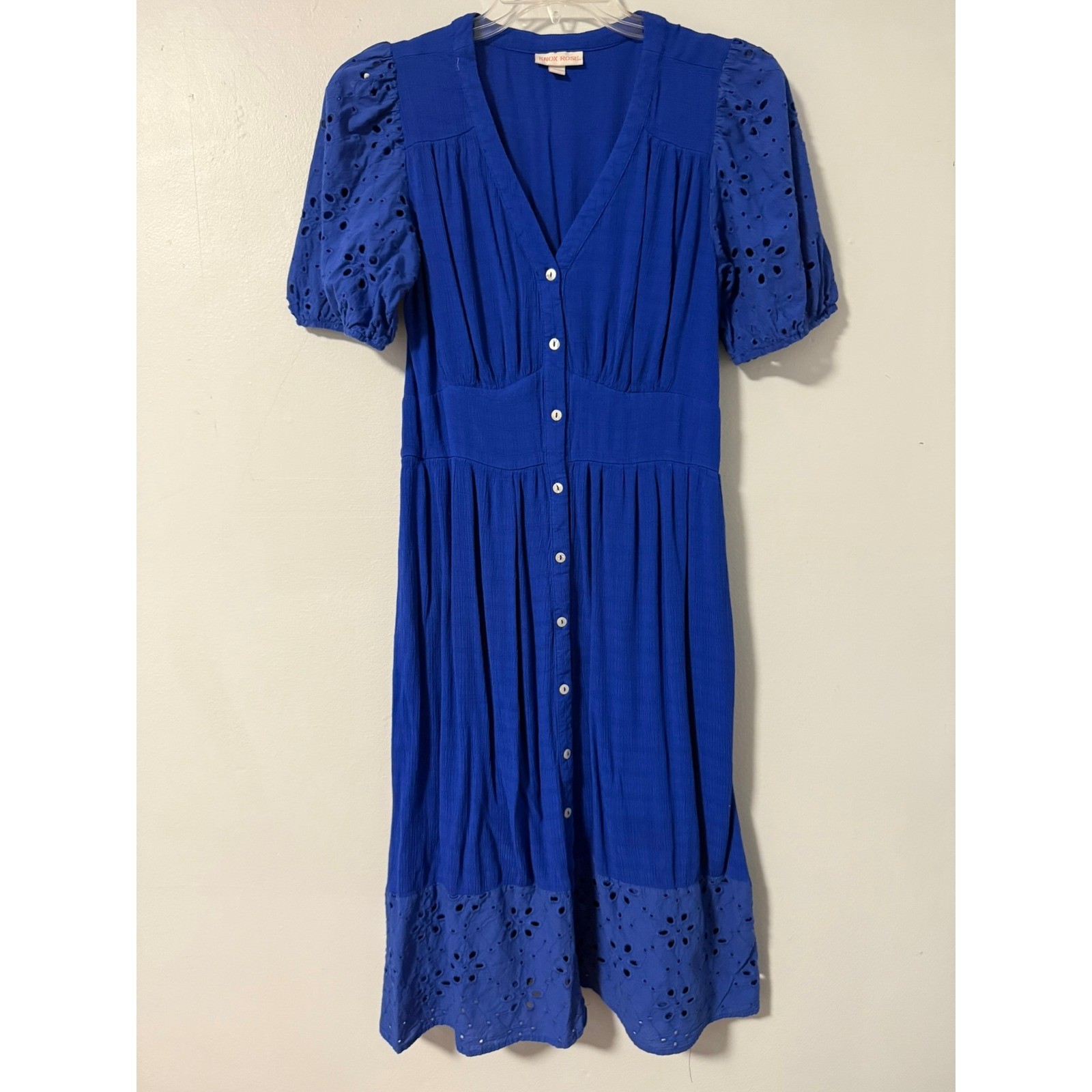 Knox Rose Womens Blue Eyelet Puff Sleeve Button Front Midi Dress Size M Boho