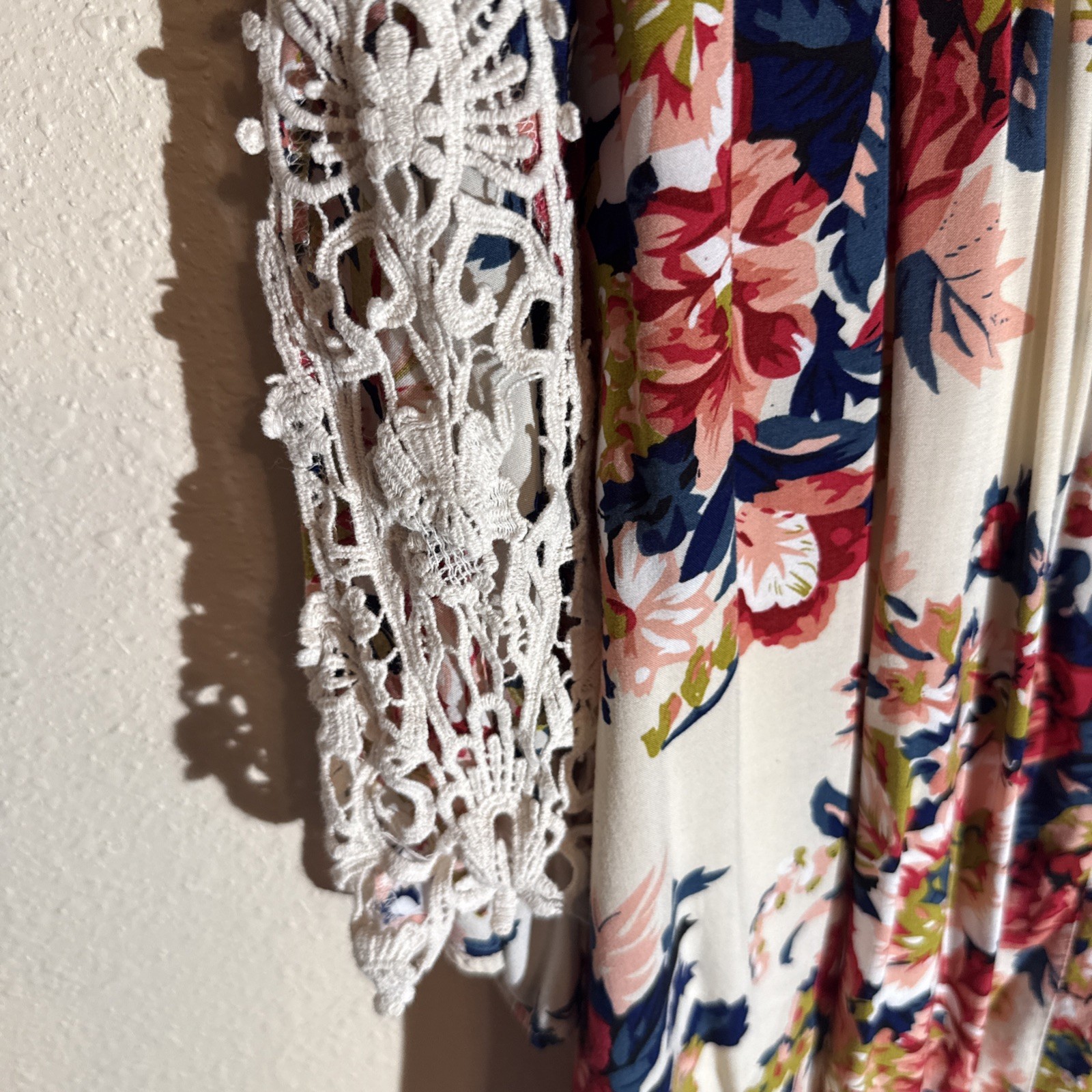 Umgee Med. Floral Boho Off Shoulder Mini Dress Crocheted Detailing Cotton Blend