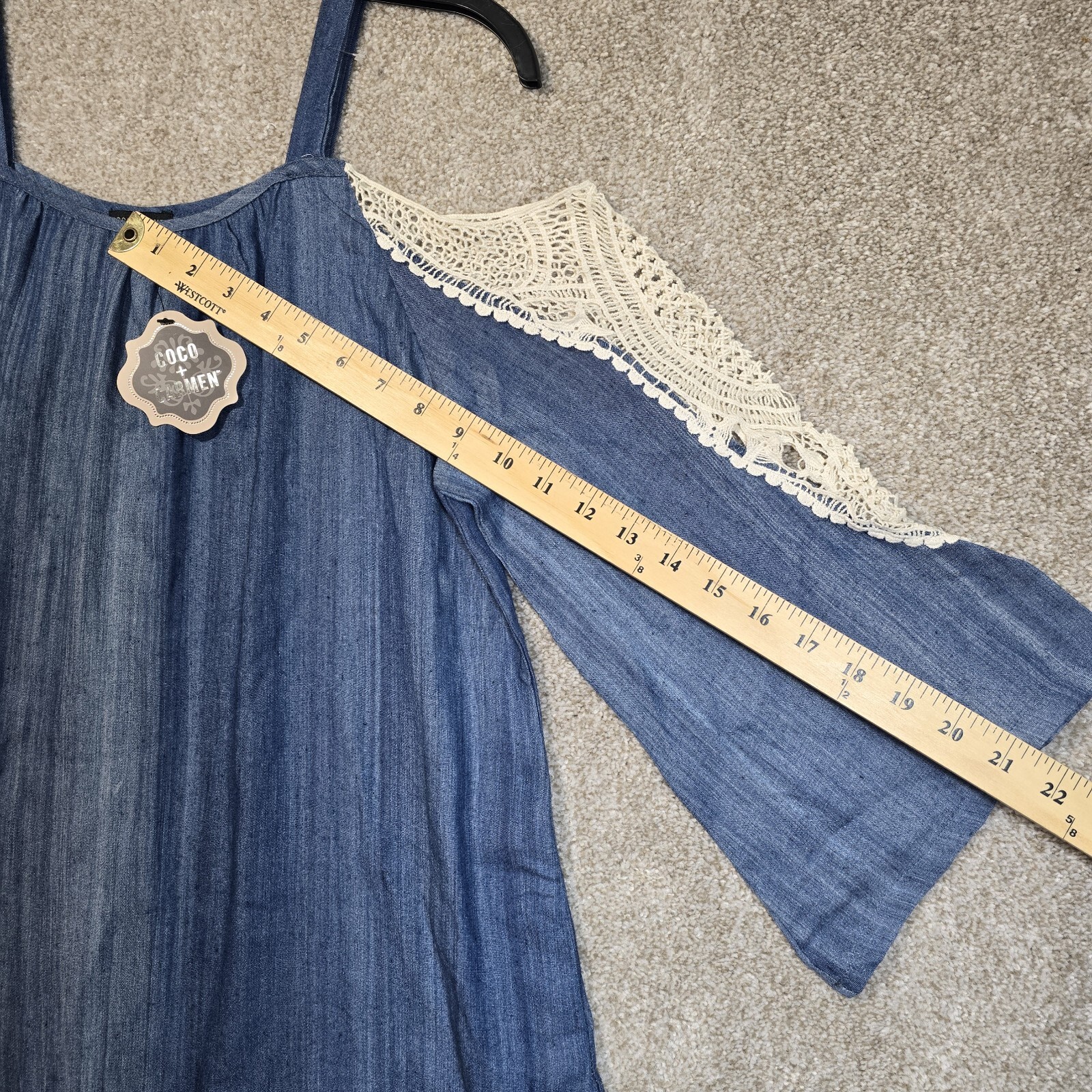 COCO + CARMEN Boho Western Denim Tunic Dress 3/4 Crochet Sleeve Women S/M NWT