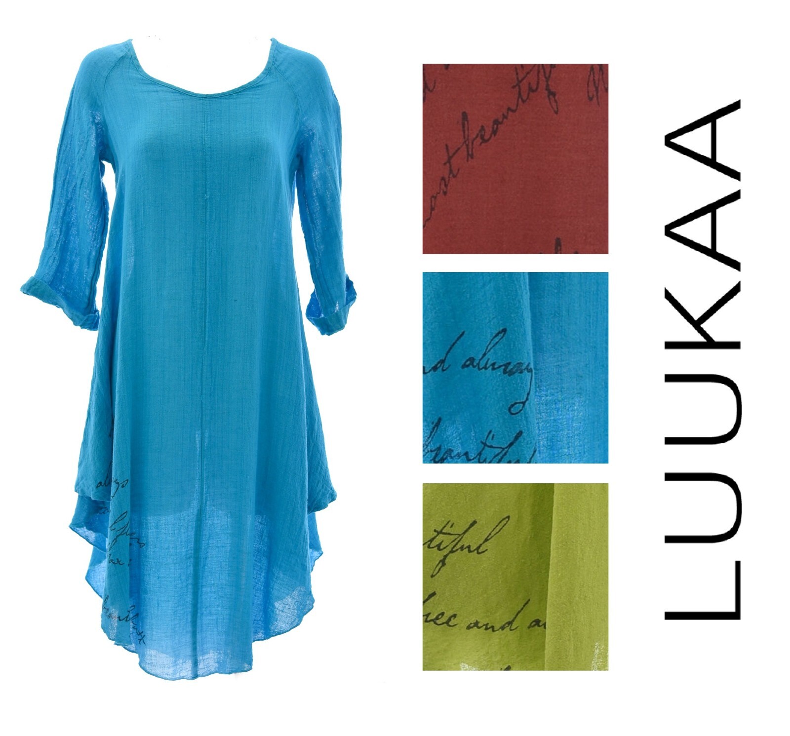LUUKAA Linen Gauze A5009 LUCKY TUCKER DRESS Ruched Hem (sizes S-L) LIME GREEN