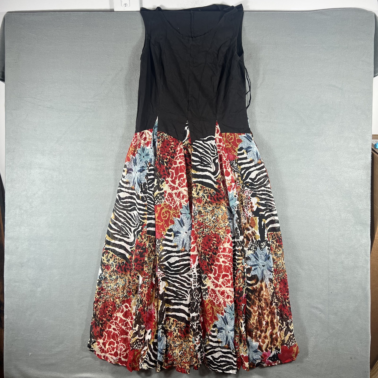 Women’s Black Bodice Maxi Dress with Vibrant Animal Print & Floral Patchwork