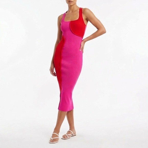 Naked Wardrobe Pink Red Color Block Ribbed Bodycon Midi Dress Womens M