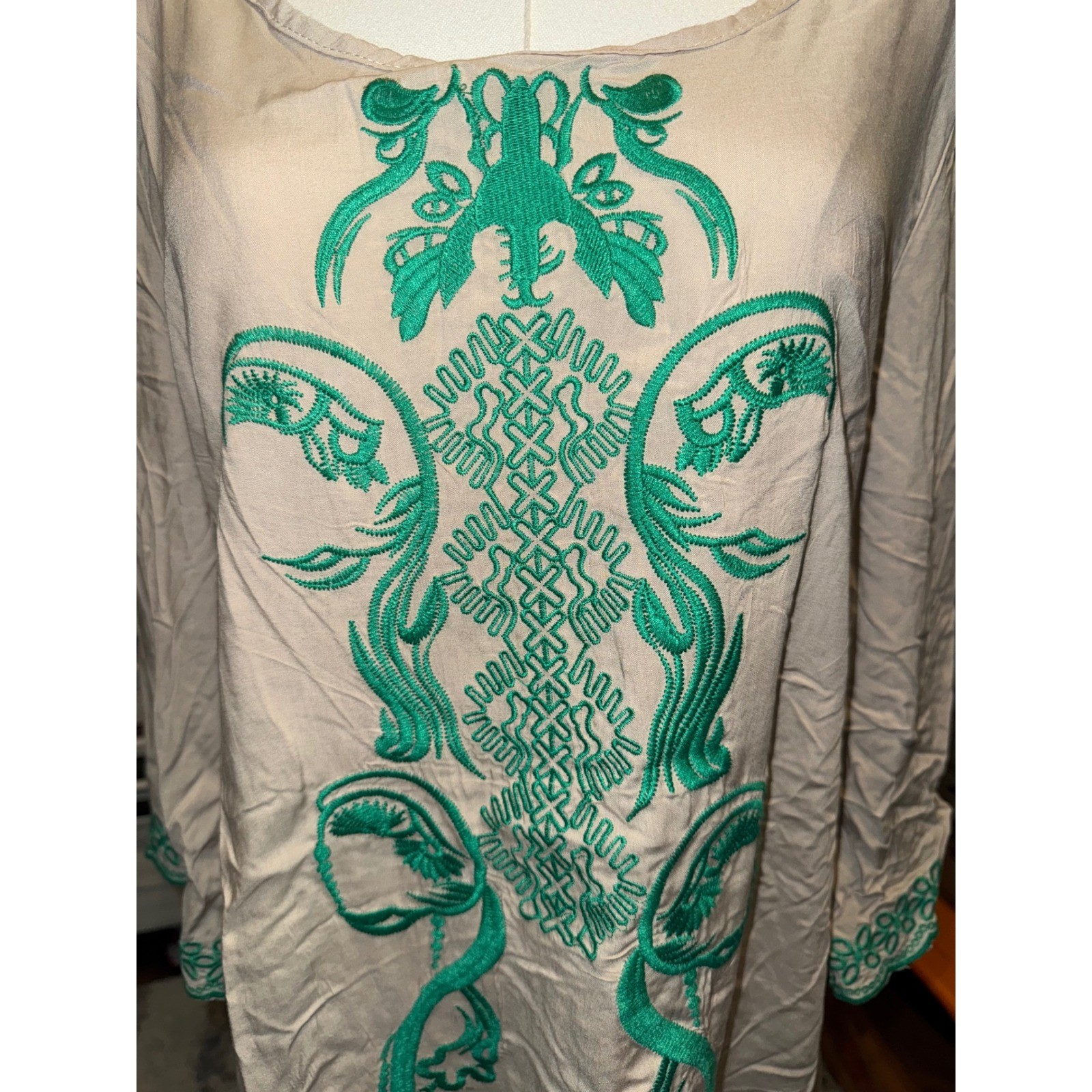 Urban Mango Women Beige Green Embroidered Cotton Tunic Dress Large NEW