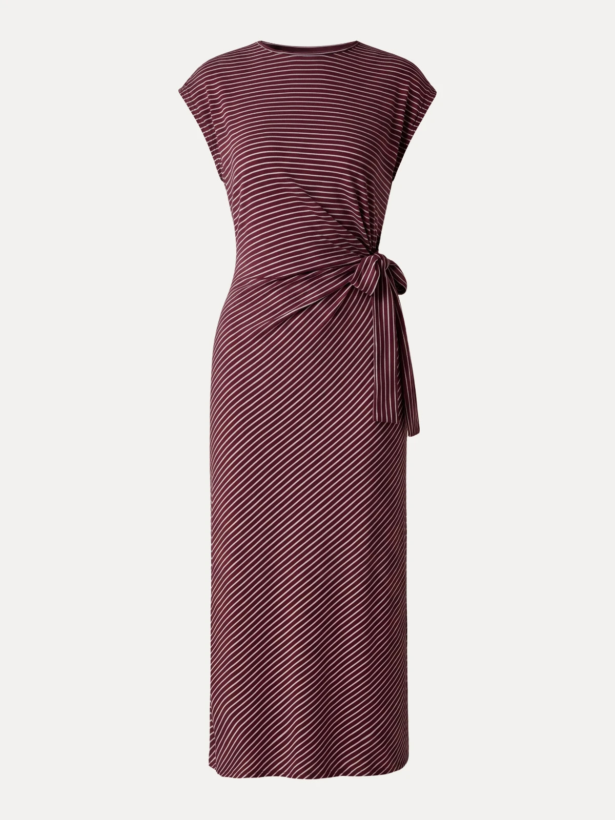 Women’s Striped Relaxed Midi Dress with Tie Belt, Red/White Stripe