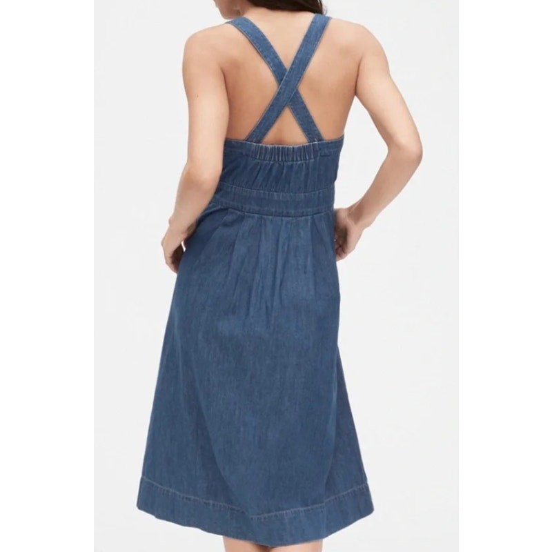 Gap Dress Womens 10 Tall Side Button Apron Denim Midi Cottagecore Boho Peasant