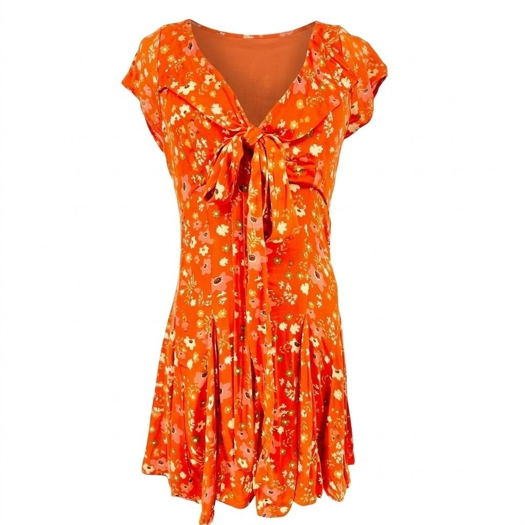 Free People Women’s SMALL Orange Floral Tie Front Open Back Mini Dress – AC