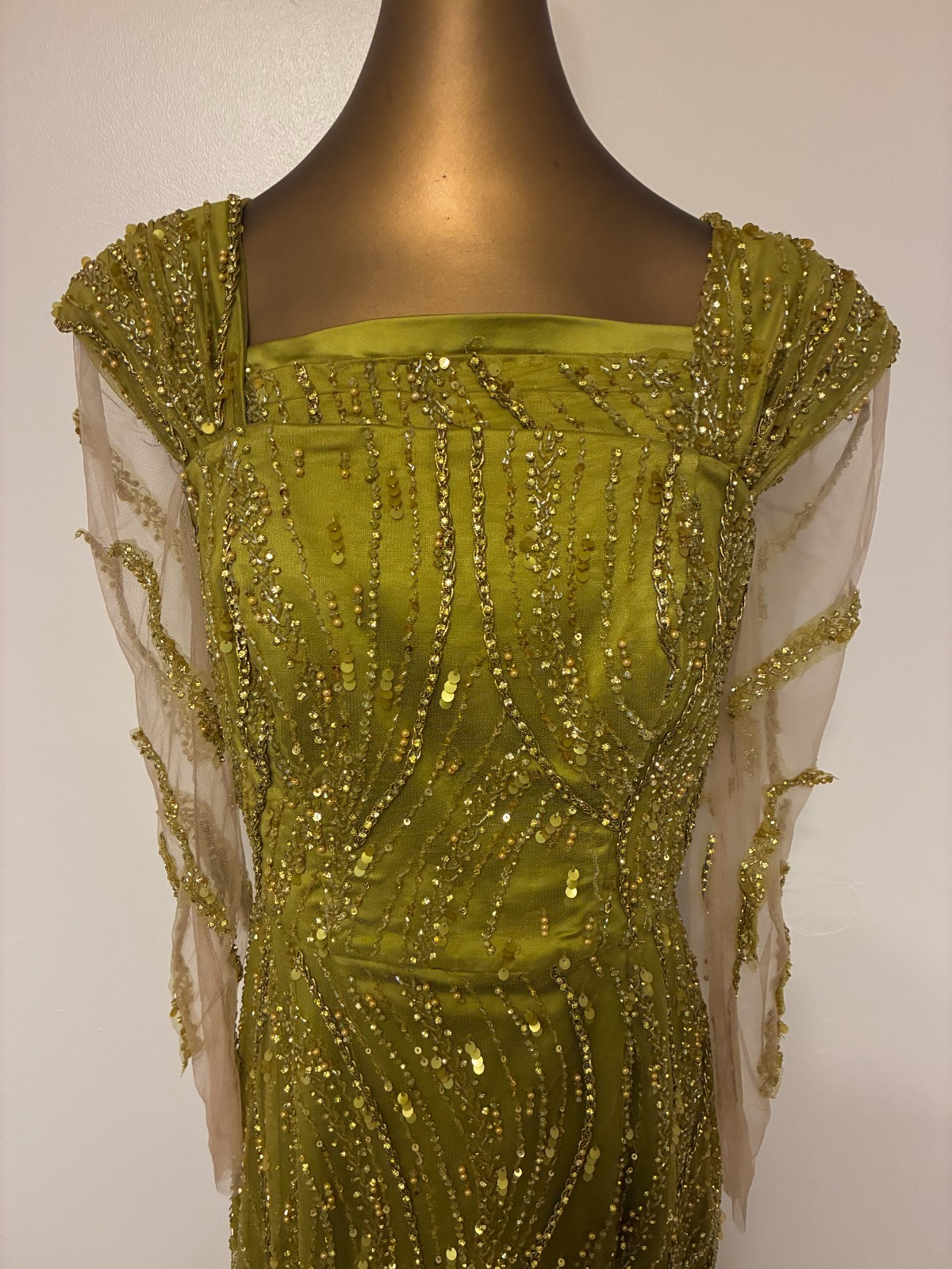 Olive Green Gold Beaded Sequin Evening Gown Sz M 6 Formal Maxi Dress Custom Made