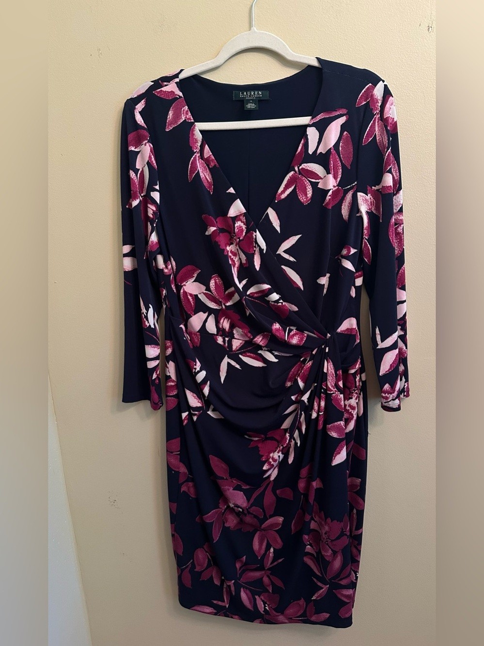 Lauren Ralph Lauren Navy/Pink Floral V Neck Draped Dress Long Slv Sz 14 1088