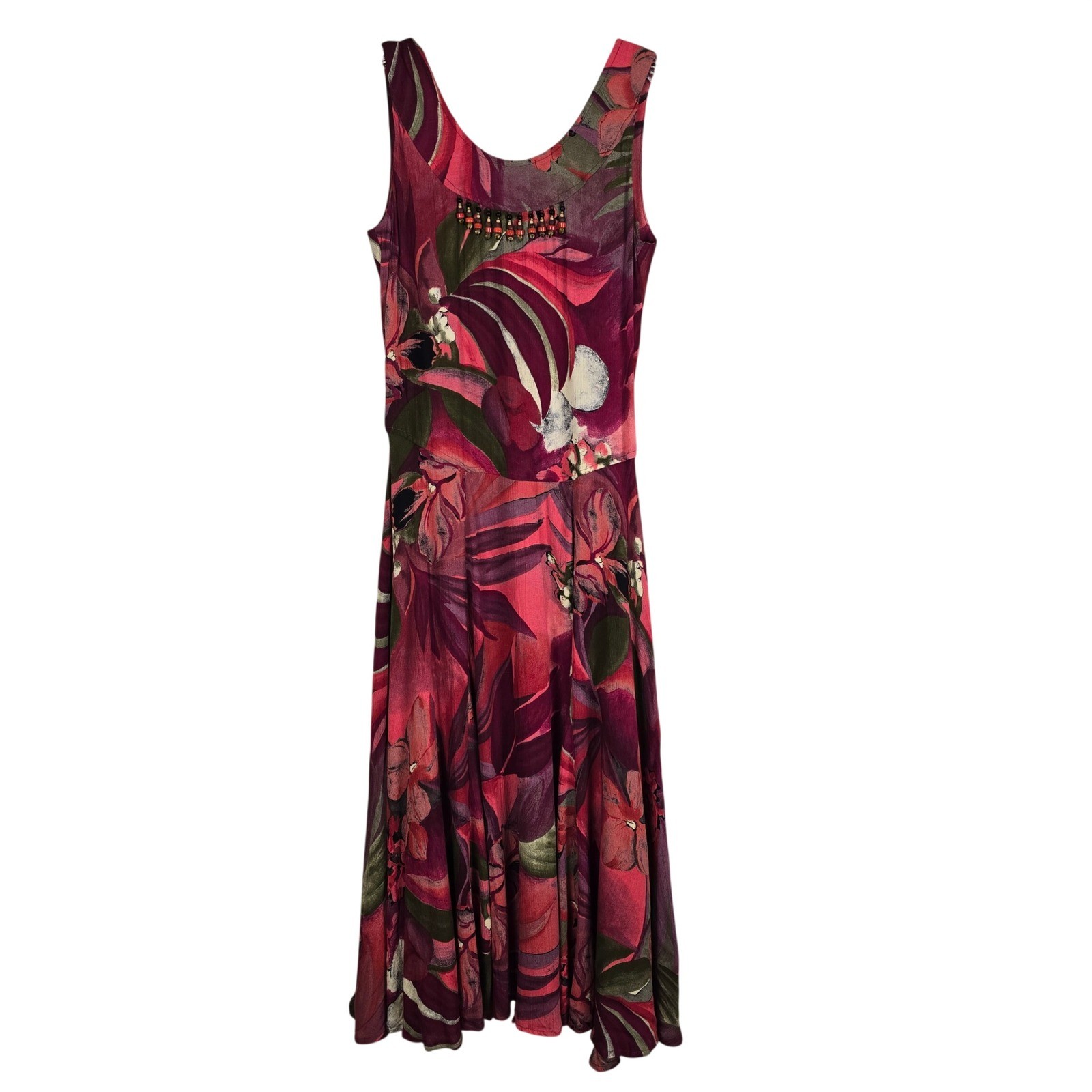 VTG Carole Little Maxi Tropical Dress Floral Beaded Cut Out Back Pink Green EUC