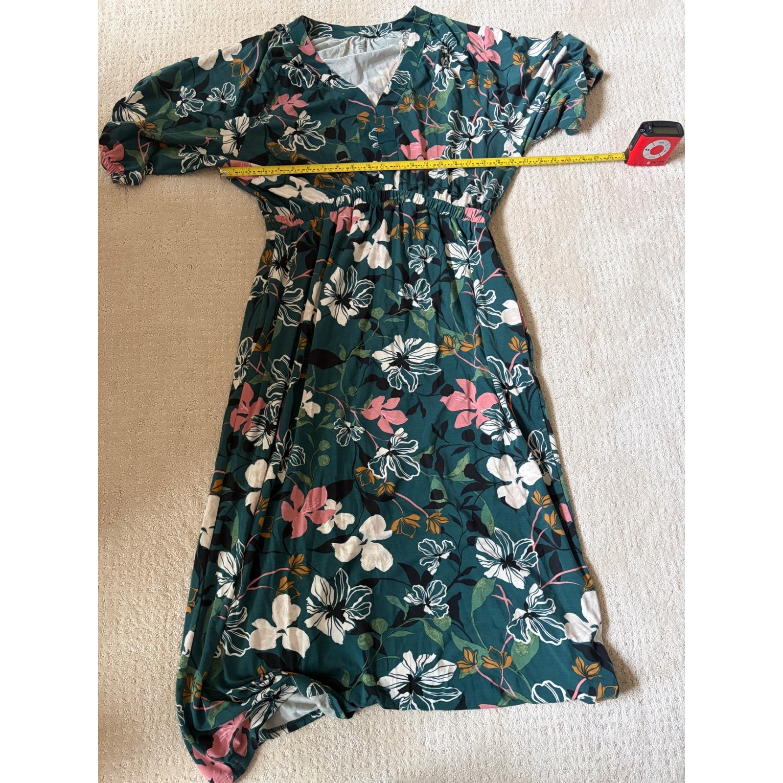 Garnet Hill Green Floral V-Neck Elastic Waist Midi Dress Womens Large L