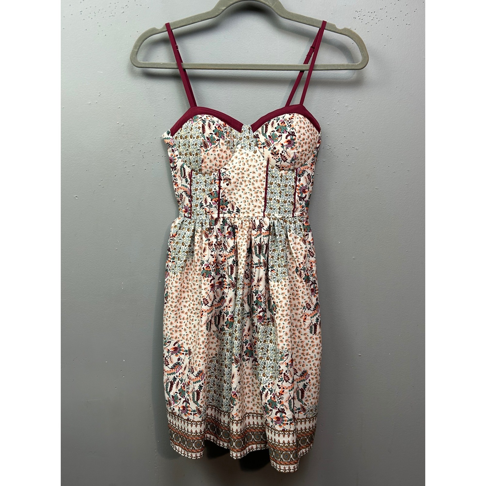 Band of Gypsies Dress Womens XS Multi Floral Patchwork Boho Pockets Mini Dress