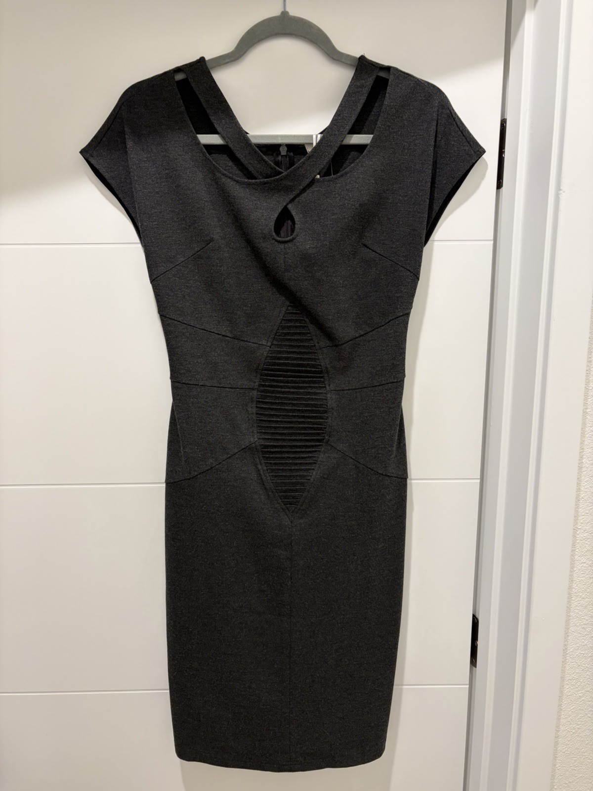 DILANNI Gray Knit Sheath Dress Cut Out Pleated Zip Knee Length Size S