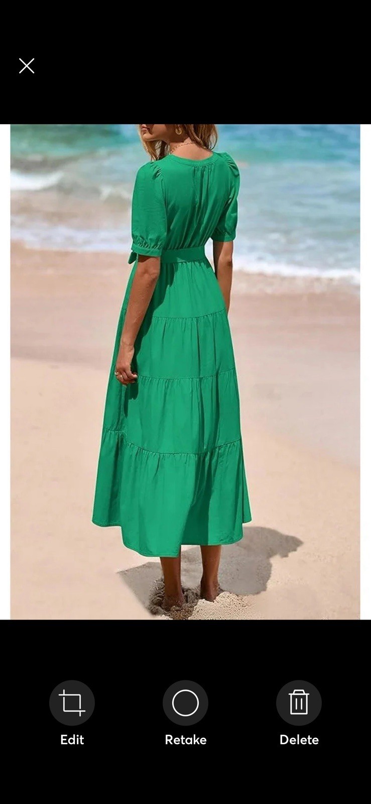 PrettyGarden S Green Solid A-Line Midi Dress V-Neck Puff Sleeve Button Tie