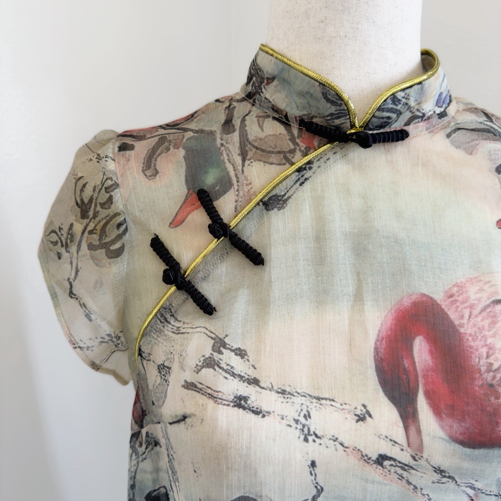 Delicate Cheongsam Dress Womens Small* Bird Mandarin Collar Whimsical Dainty