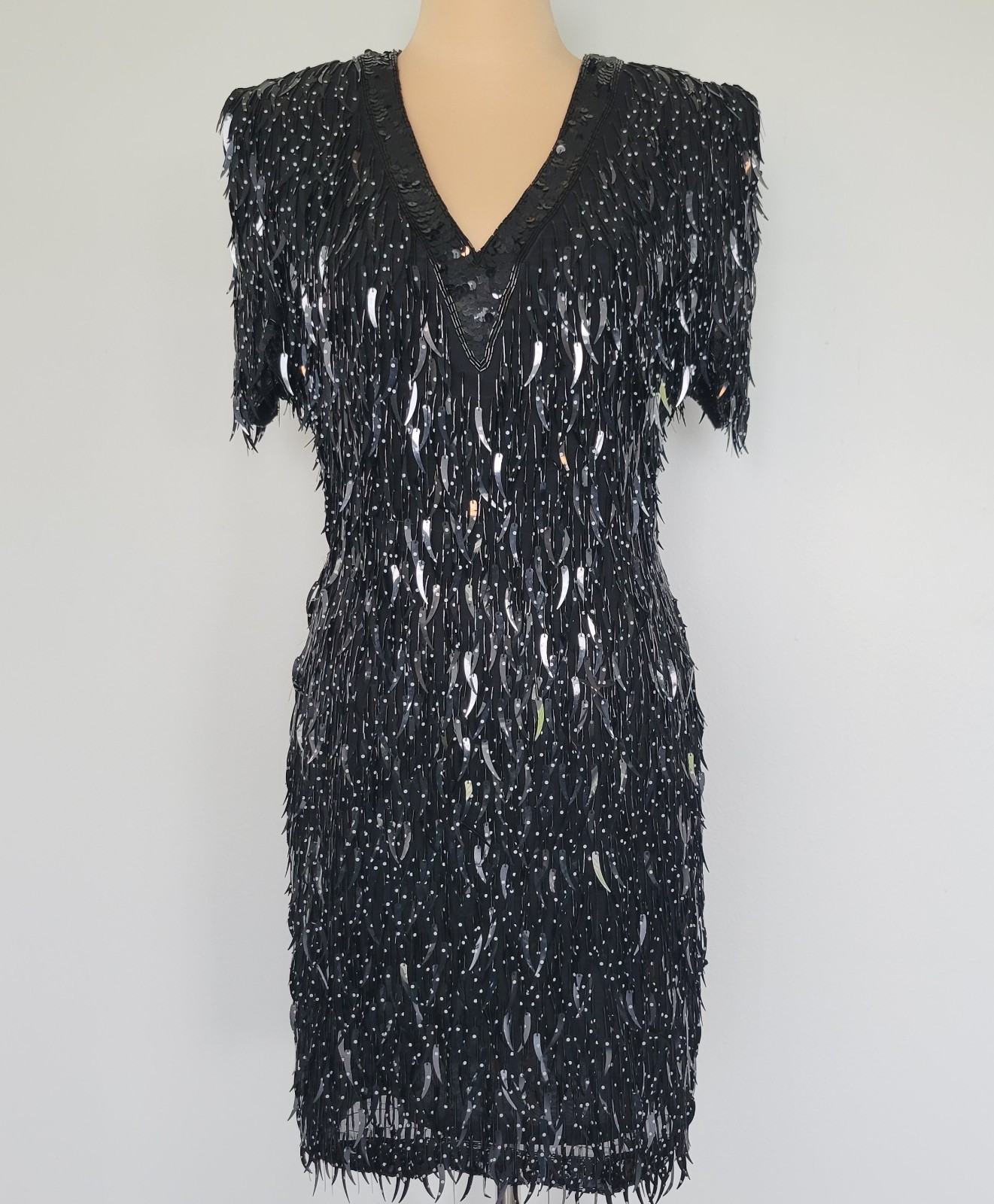 Vintage 100% Silk Black Polka Dots Sequined Beaded Fringe V-neck Dress Sz Medium