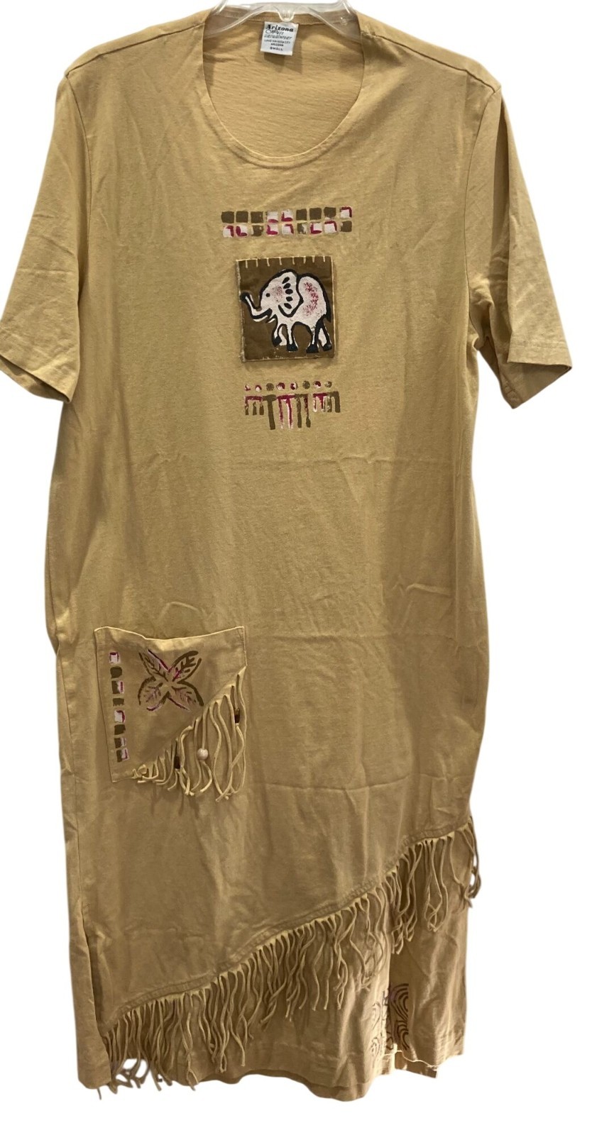 Arizona West Cotton Fringe T Shirt Dress S Beige Graphic Boho Casual Western
