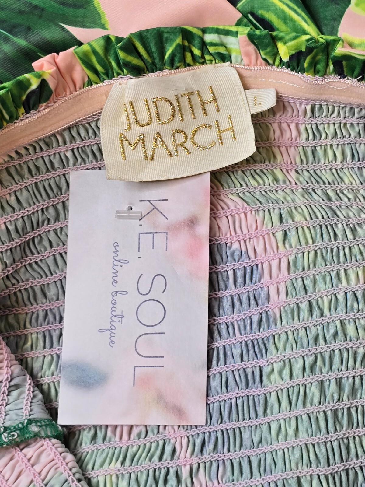 JUDITH MARCH PALM TREES PRINT LONG STRAPLESS DRESS LT PINK/GREEN RARE SZ: LG NWT