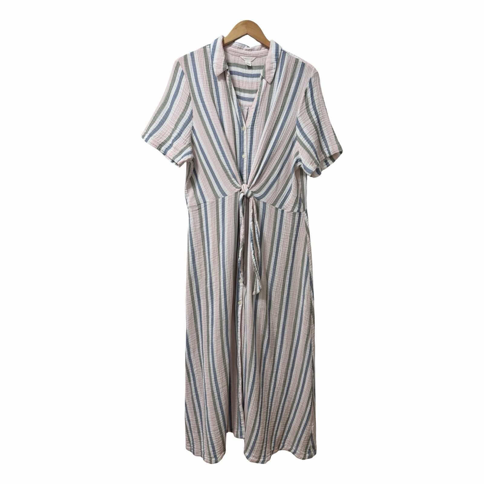 Caslon Tie Front Gauze Stripe Midi Shirt Dress Size XL Coastal Button Front
