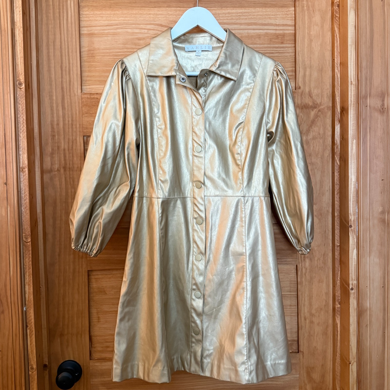 Karlie Gold Metallic Snap Button Puff Sleeve Faux Vegan Leather Dress size M