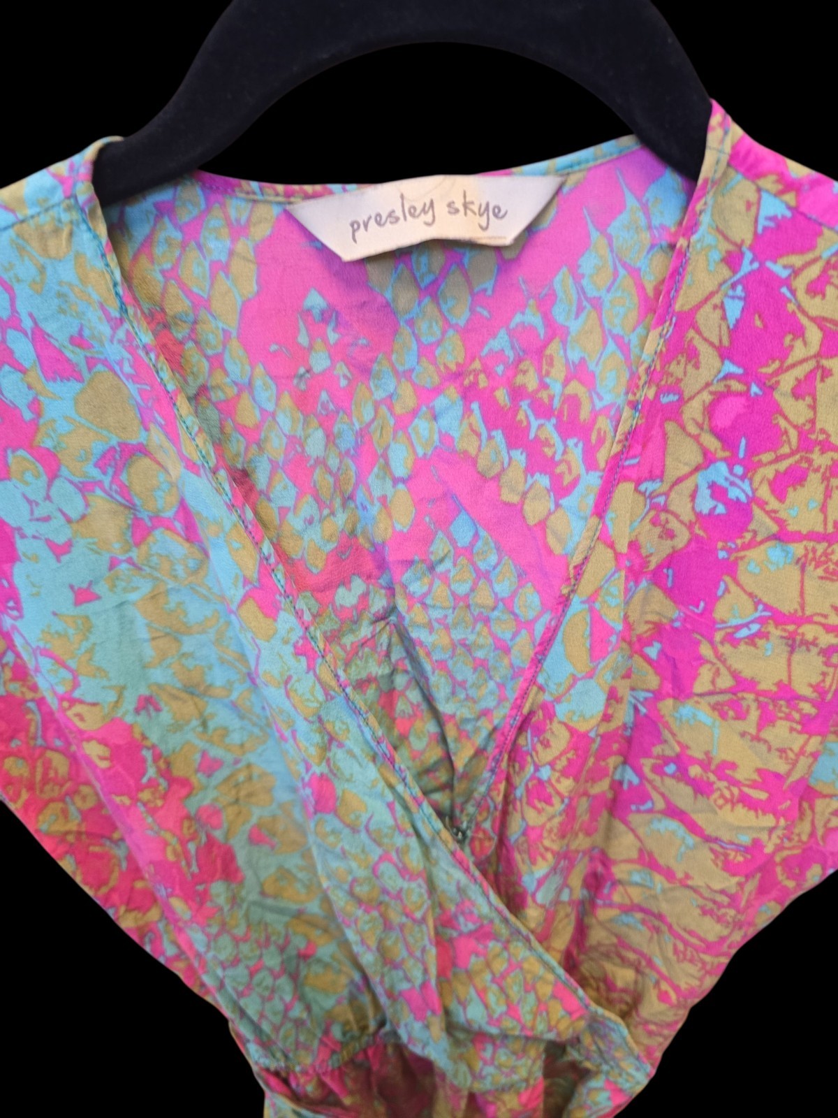 Presley Skye Silk Day Glo Snake Print Dress A line Short Sleeve Elastic Waist S