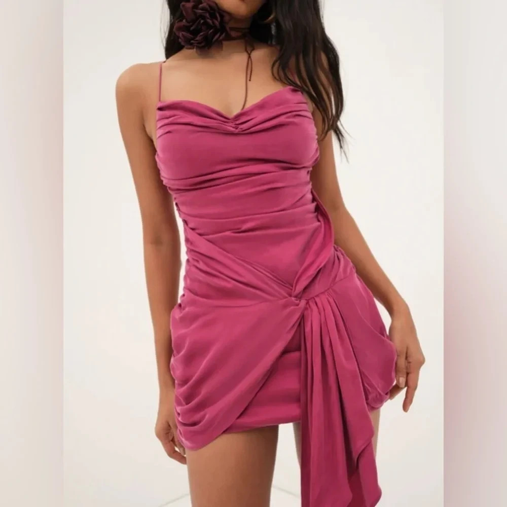 For Love & Lemons Ruched Mini Dress NWT XS Magenta Pink Cupro Cowl Neck Cocktail