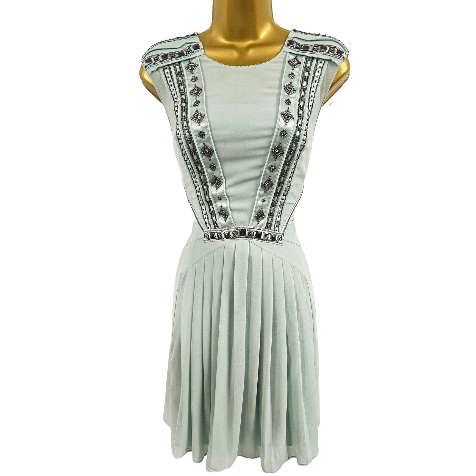 10 UK Karen Millen Aqua Green Embellished Pleated Mini Dress