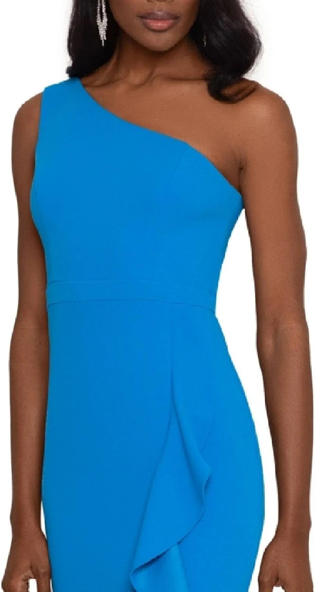 Xscape Blue Asymmetric Ruffle High Low Hem Formal Evening Gown Size 8