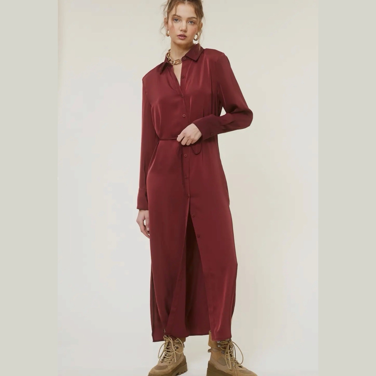 Mimosa Long Fluid Satin T-Shirt Dress Color Merlot S M Button Down Drawstring