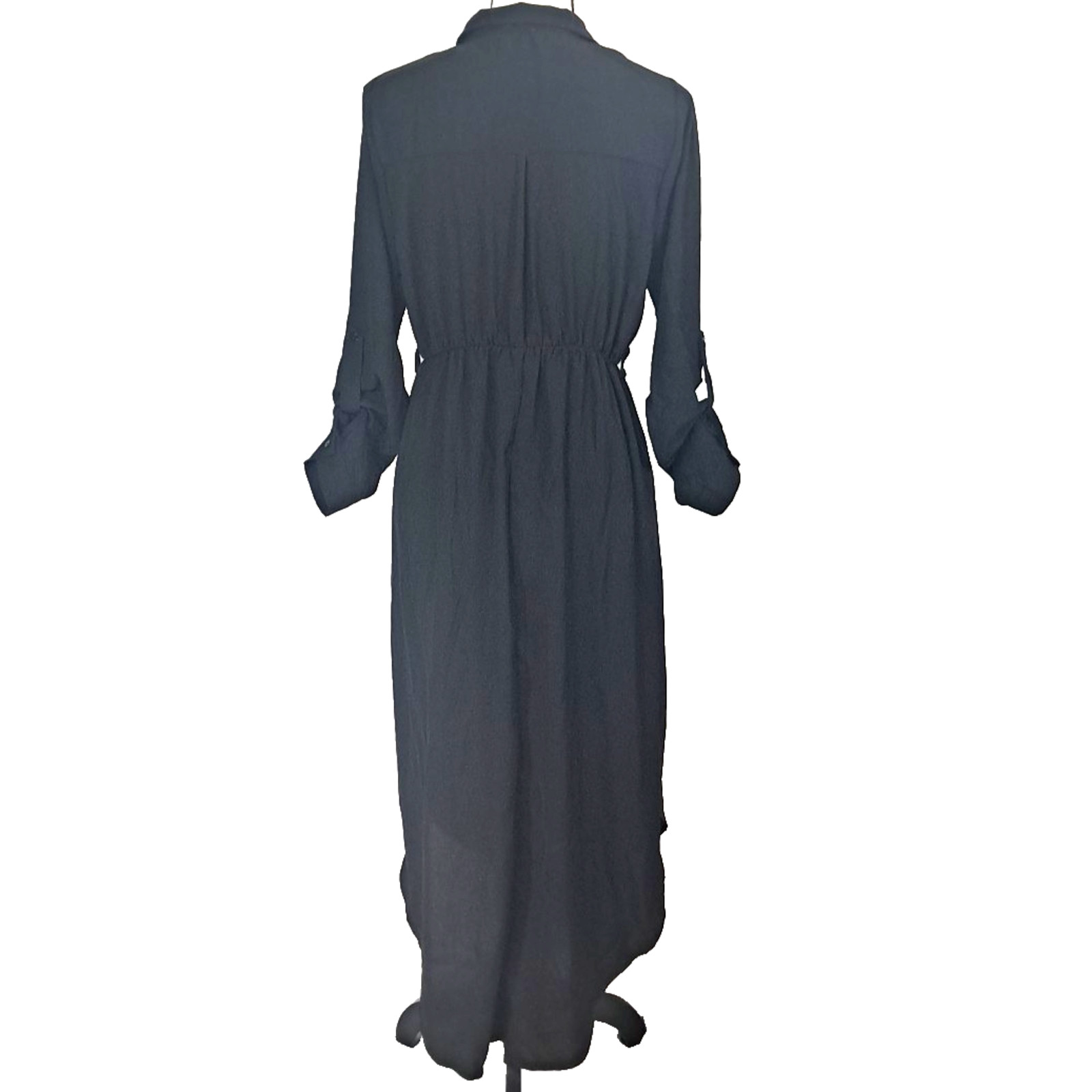 Faux Wrap Split Skirt Roll Tab Sleeve Maxi Dress Size L Black Goth Vamp Festival