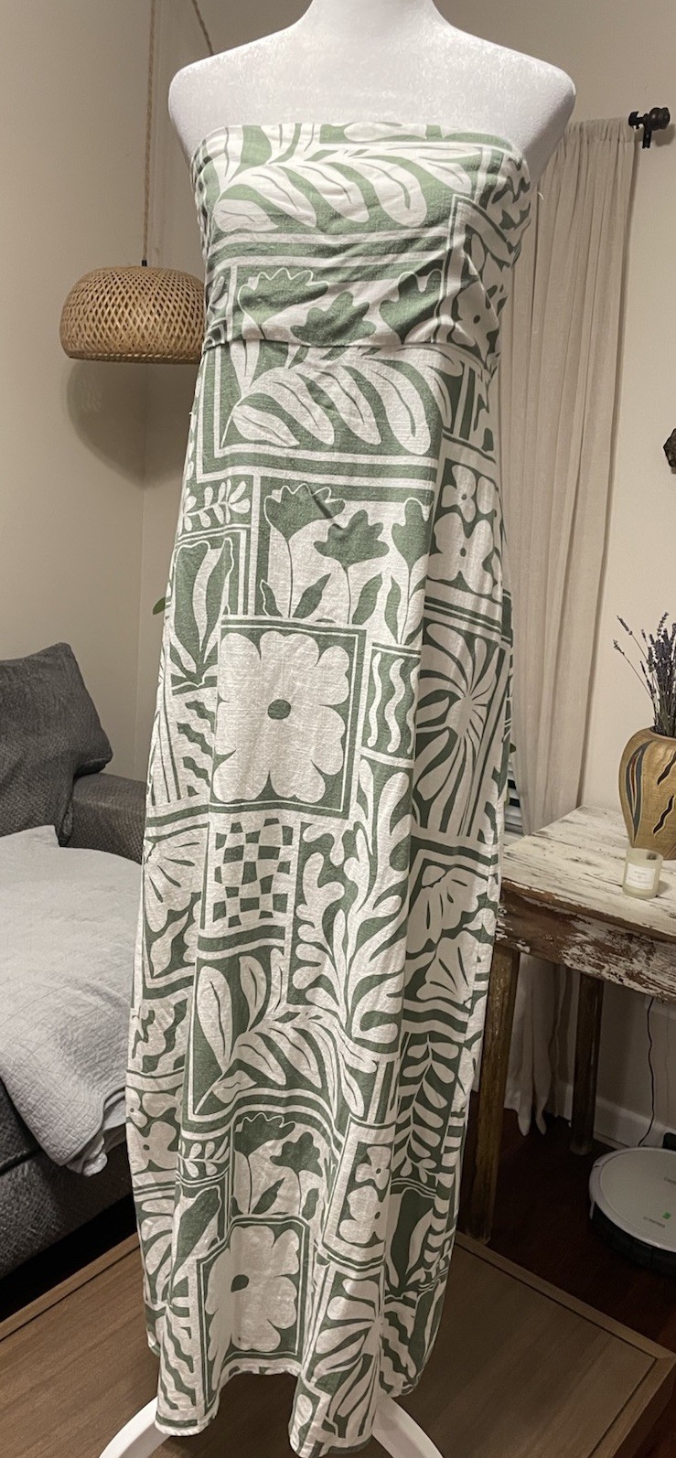 Paper Heart Strapless Linen Blend Maxi Dress Lg Green White Resort Vacation EUC