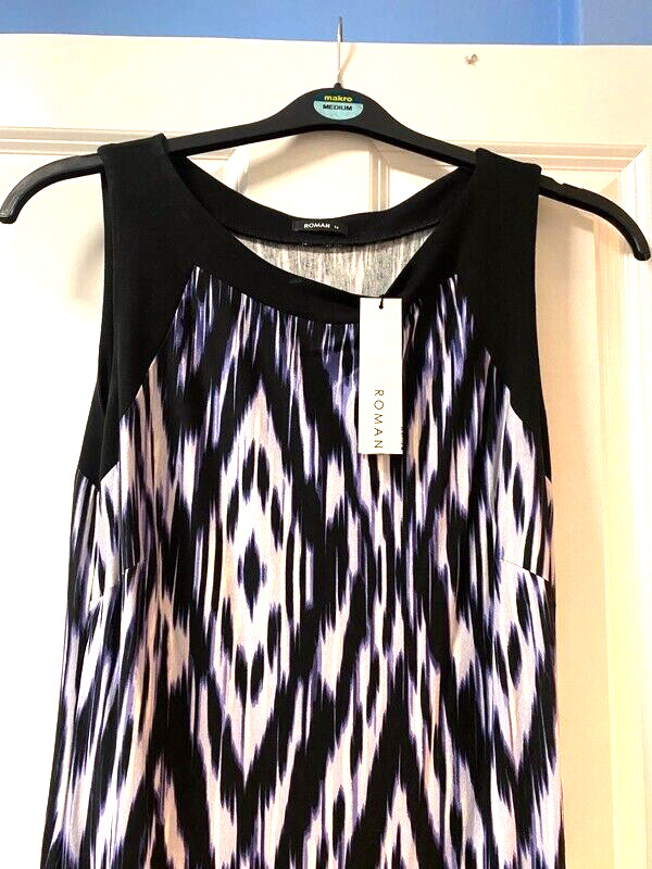 Roman sz 14 Border Print Maxi Dress, Shades of Blue, Black Border.Stunning Dress