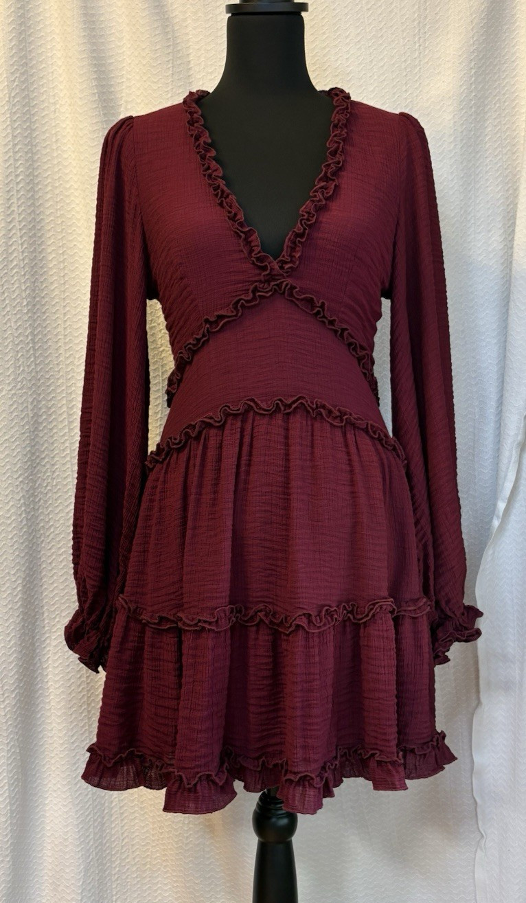 Burgundy Fit & Flare V-Neck Long Sleeve Ruffle Open Back Lined Dress Size M