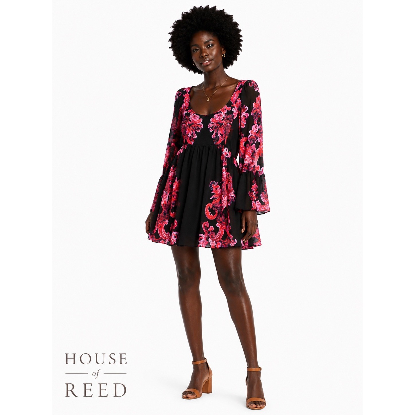 Free People Intimately Pink Red Floral Bell Sleeve Mini Dress Small OB86170